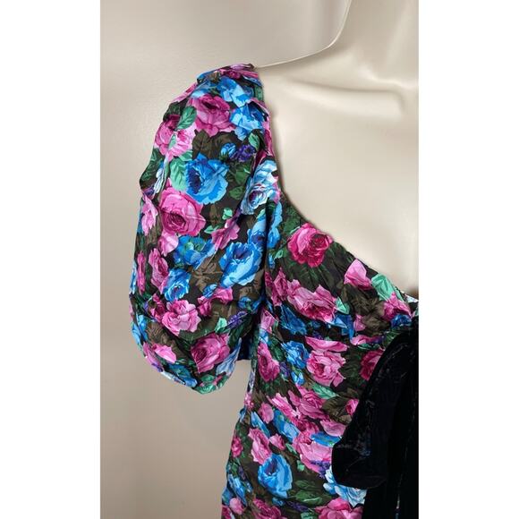For Love & Lemons Marley Floral Puff Sleeve Ruched Bow Tie Mini Dress Size XS - Picture 4 of 7